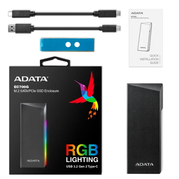 ENCLOSURE ADATA EC700G RGB M.2 2280 PCI-E - USB 3.2 GEN2 - USB-C/USB-A (AEC700GU32G2-CGY)