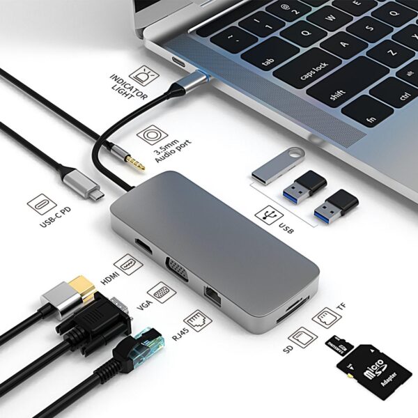 Hub 10 En 1 Multi-Port USB-C A DisplayPort + RJ45 + VGA + HDMI + 3.5mm + Lector de Memoria