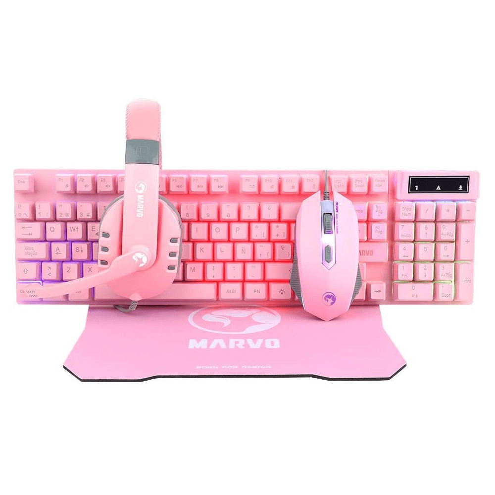 TECLADOMOUSEAUDIFONOPADMOUSE-MARVO-CM370-PINK Combo Marvo CM370PM Pink: Teclado, Mouse, Audifonos y Pad